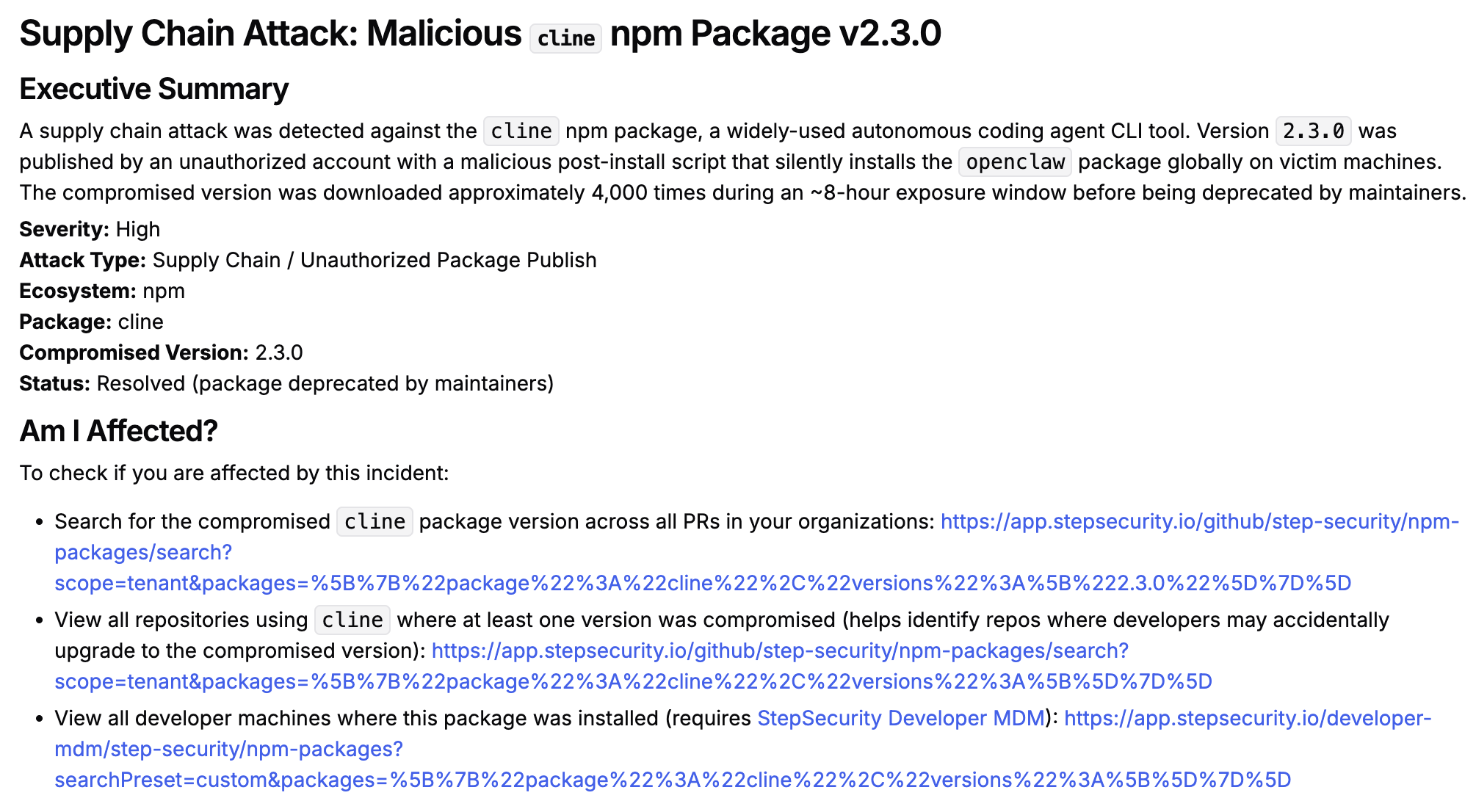 Cline CLI 2.3.0 Supply Chain Attack Installed OpenClaw on Developer Systems