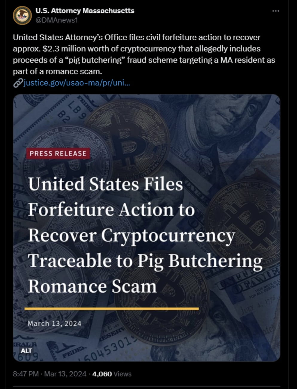 DoJ Seizes $61 Million in Tether Linked to Pig Butchering Crypto Scams