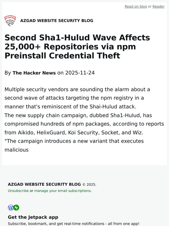 Second Sha1-Hulud Wave Affects 25,000+ Repositories via npm Preinstall Credential Theft