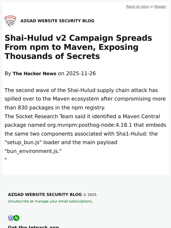 Shai-Hulud v2 Campaign Spreads From npm to Maven, Exposing Thousands of Secrets