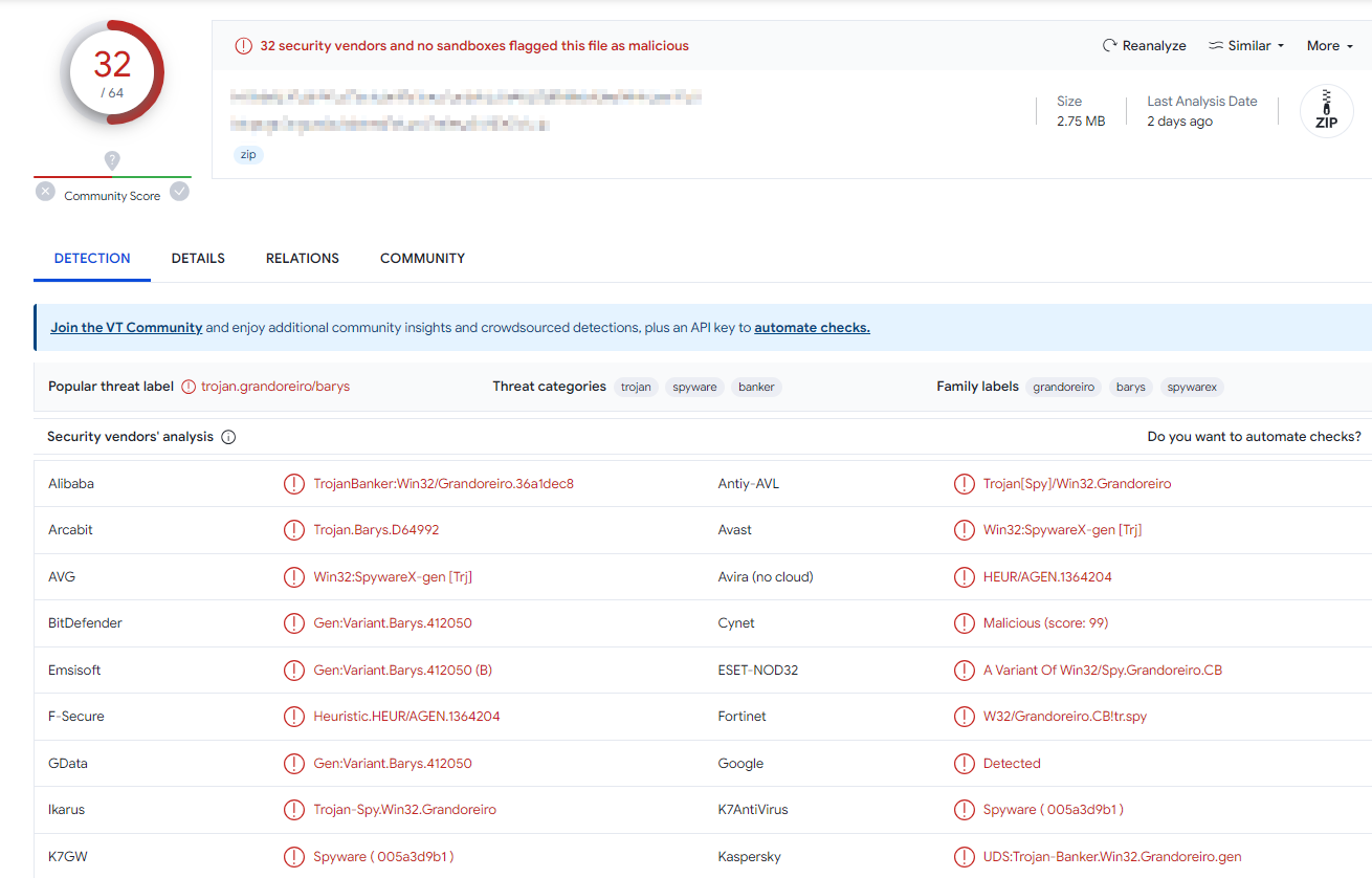 Grandoreiro Malware and BTMOB RAT Campaigns Target Windows and Android Users